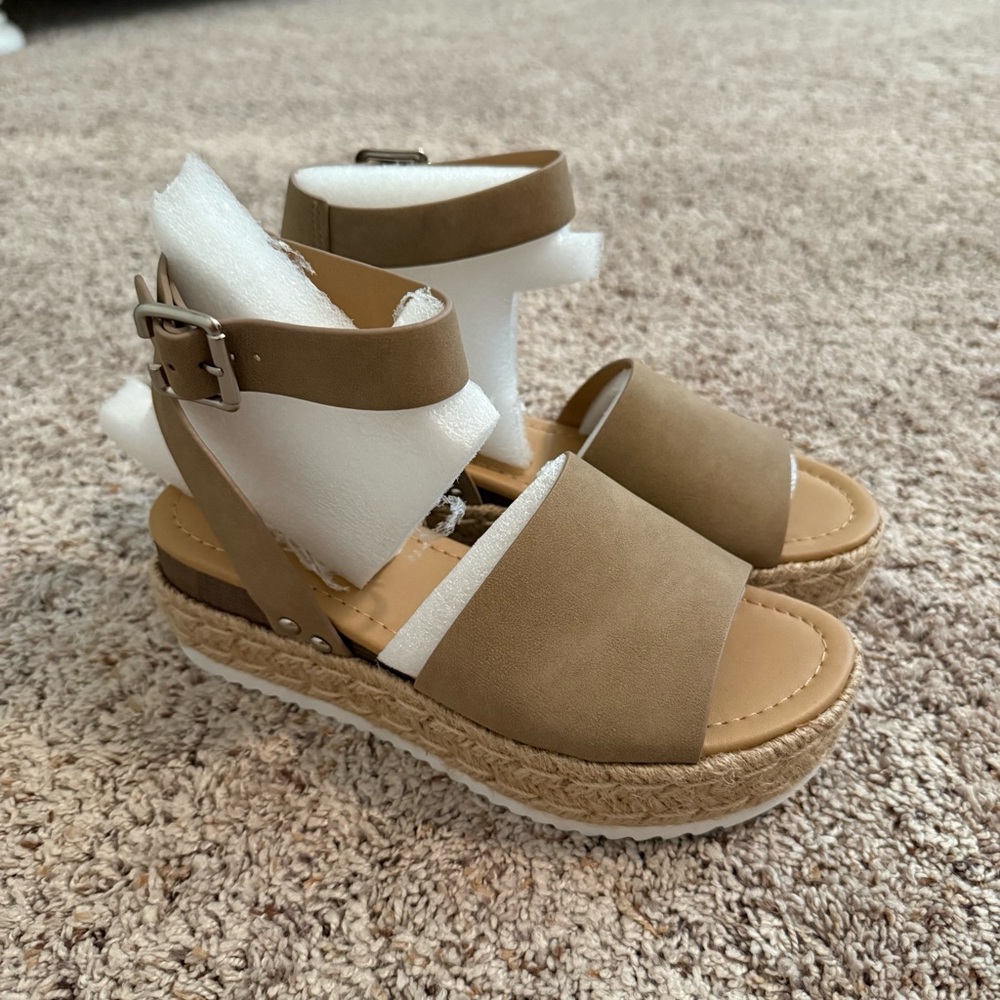 Soda Tan Wedge Sandals with Ankle Strap